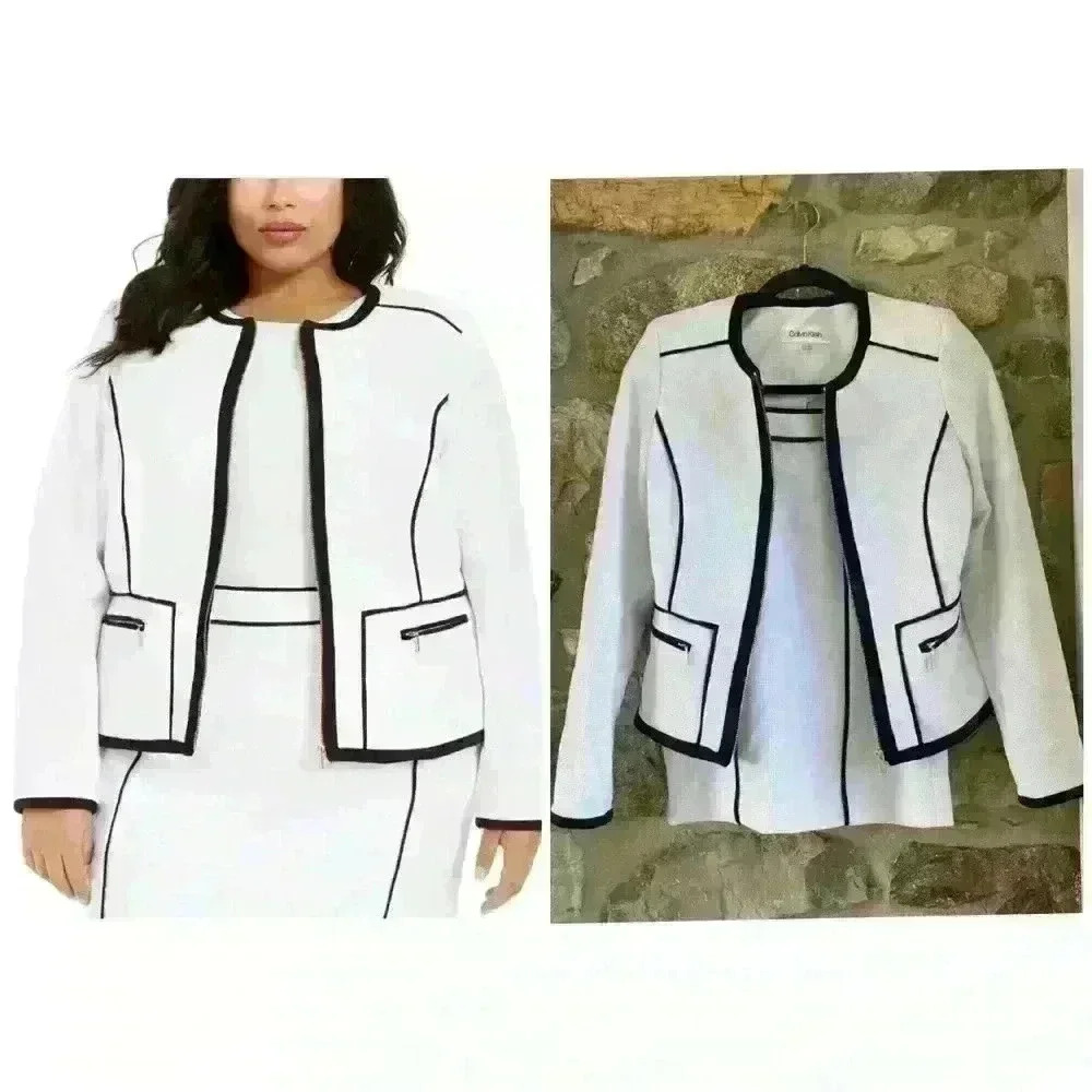 NWT Calvin Klein Contrast Piping Zip Up Blazer Jacket & Pencil Skirt Suit Set